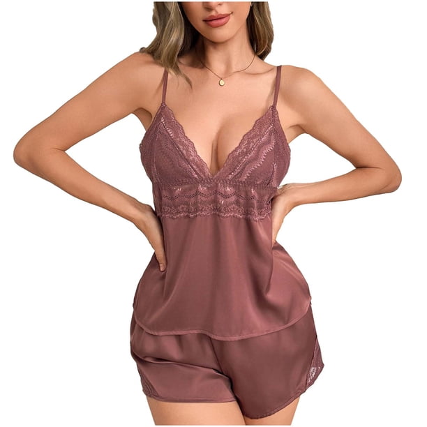 Mujeres Seda Pijamas Conjunto Pantalones Cortos Encaje Casual Recorte, Pendiente Cuello en V Hielo Seda Dos Piezas de Ropa de Dormir