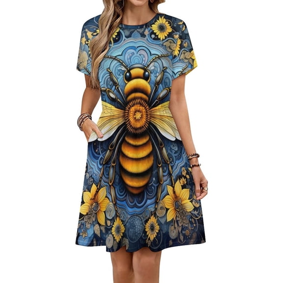 Watercolor Bumblebee Yellow Sunflowers Women's Dress Short Sleeve Summer Sundress Summer Women Clothes