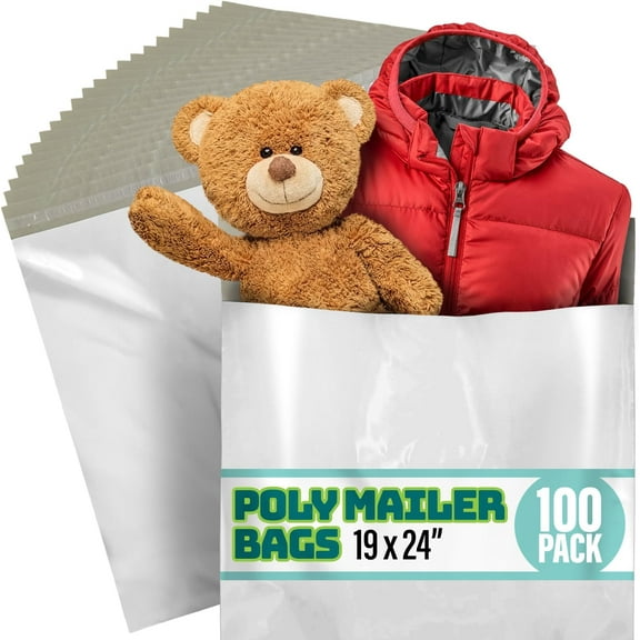 Poly Mailers 19" x 24", White Waterproof Shipping Bags with Self-Seal, 100 Pack
