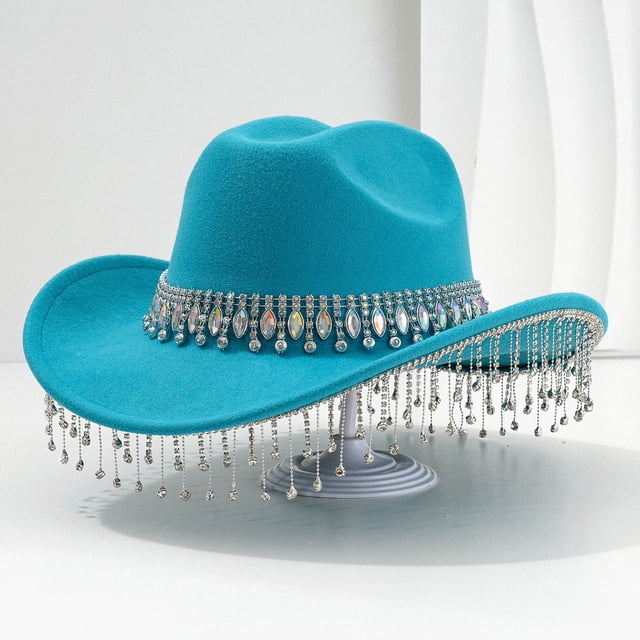 TINZ Stylish Cowboy Hat For Women And Men Western Hat With Large Round Gemstone Fringe Rhinestone Decorations For Parties And Events Cowboy Hat Party Necklace Cowboy Hat