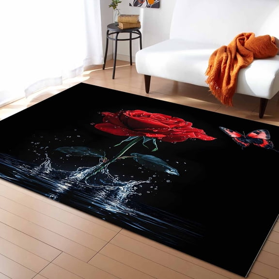 Area Rugs Indoor Non-Slip Rectangle Rug 2.7x5 Ft Red Rose Butterfly Splash Water Nature Dreamy Rug Rubber Backing Floor Mats Non Shedding Home Decor Carpet for Entryway Living Room