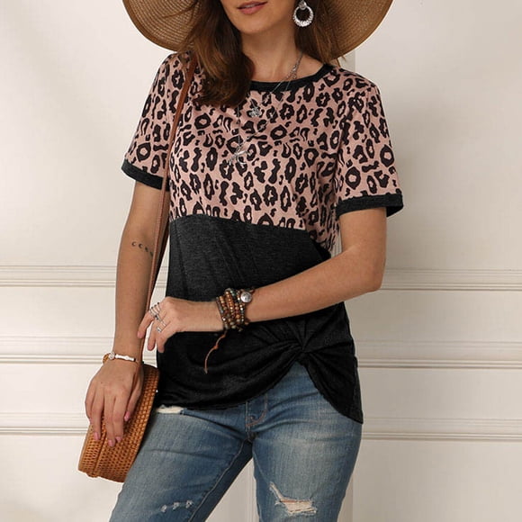 T-shirt Women Round Neck Leopard Blouse Girl Summer Spliced Top, Black, XXL