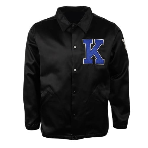 HIDE CRAFTS Men's Varsity Letterman Jacket, Black with Blue K Logo, Snap Button Front, College Style