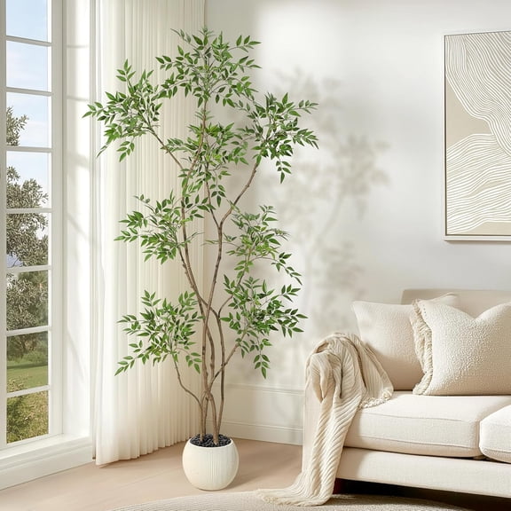 Artificial Plants Indoor,6 ft Tall Faux Floor Plant in Pot, Nandina Artificial Tree with White Planter for Home Decor Office Living Room