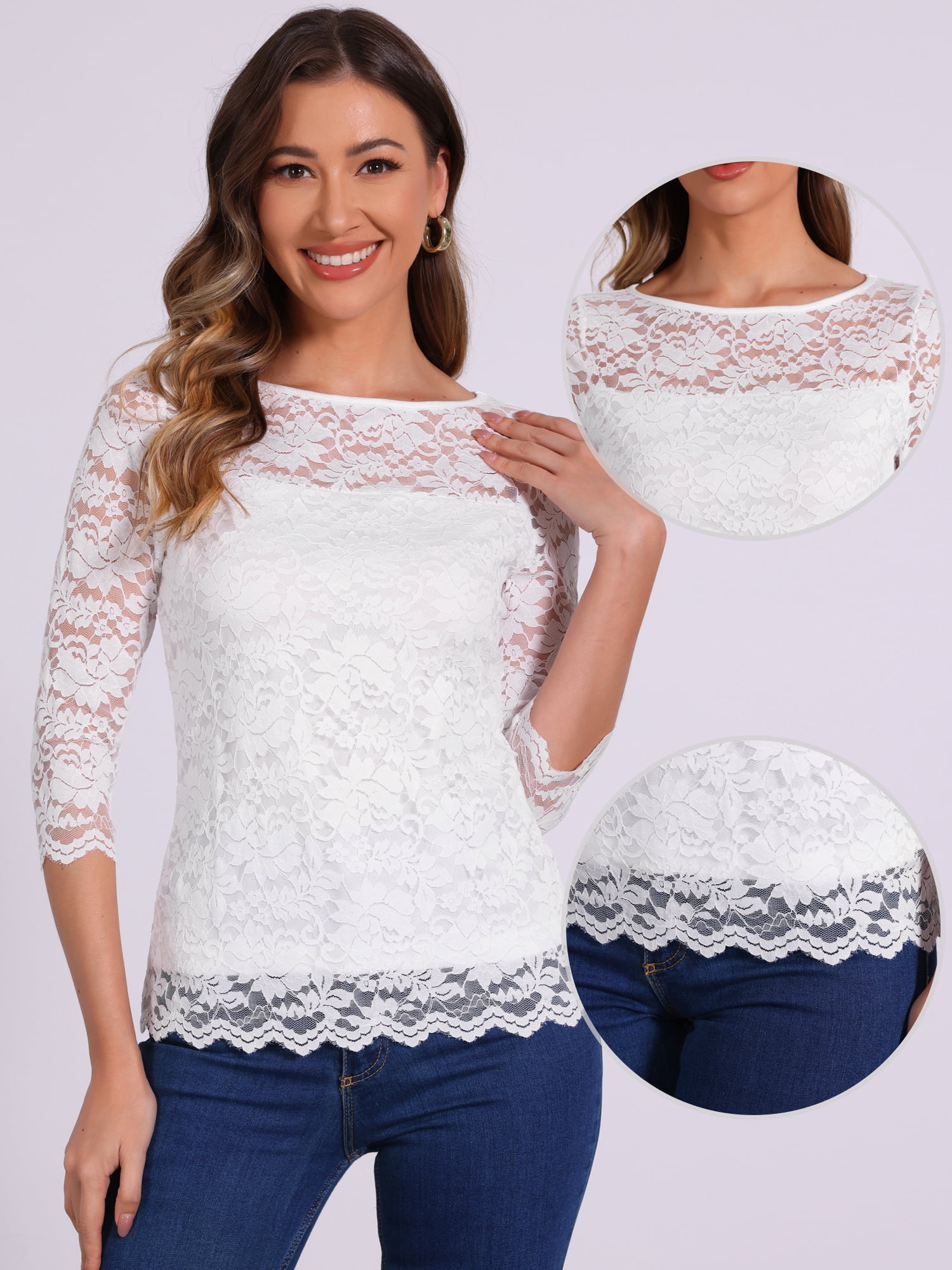 DARING DIVA Women's 3/4 Sleeve Crew Neck Floral Lace Tops S White