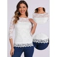 thumbnail image 2 of DARING DIVA Women's 3/4 Sleeve Crew Neck Floral Lace Tops XS White, 2 of 6