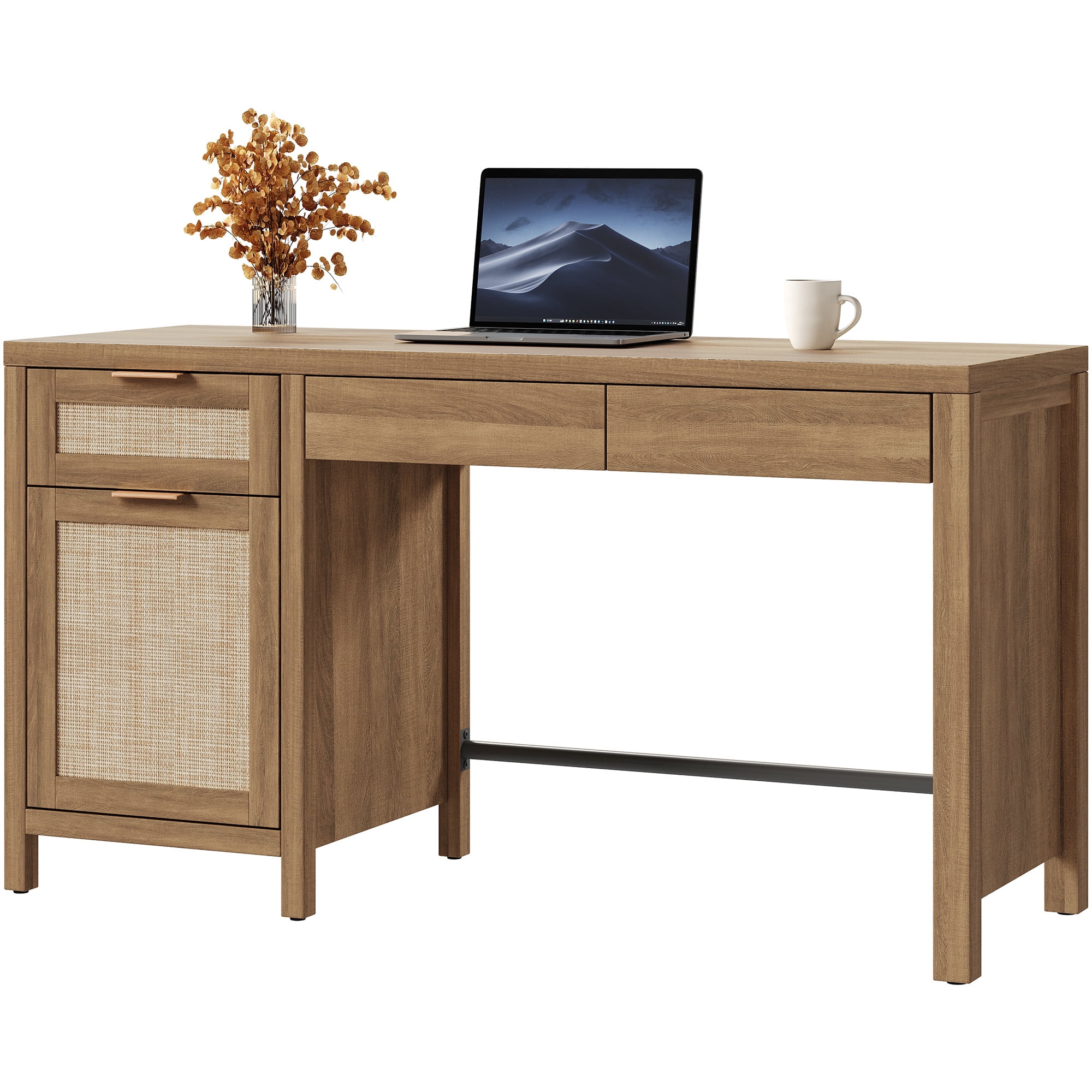 SICOTAS 55" Wide Farmhouse Writing Desk with Rattan Decor & Hidden Drawers–Spacious Desktop for Dual Monitors, Adjustable Shelf, Sturdy Engineered Wood, Boho Style for Home Office or Vanity