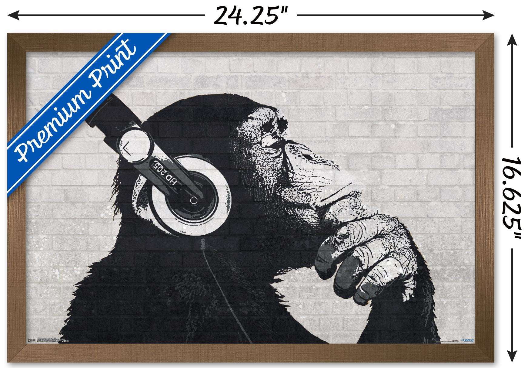 Chimp with Headphones on Wall Wall Poster, 14.725" x 22.375", Framed
