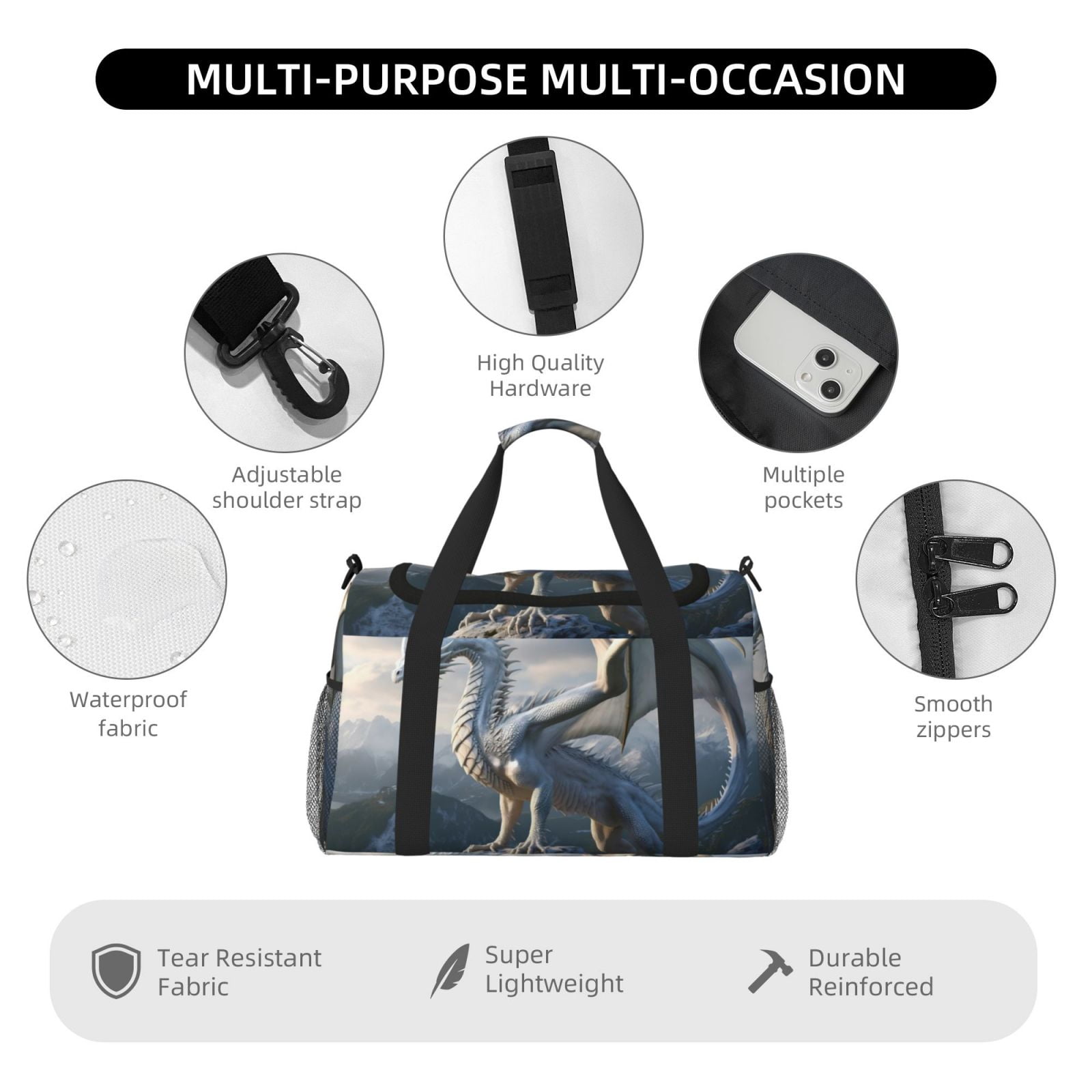 Fuzoiu Mountain White Dragon Print Travel Duffle Bag,Carry On Tote Bags,Duffel Bag,Sport Gym Bag, Hospital Bag for Labor and Delivery, Overnight Bag,Luggage Bag