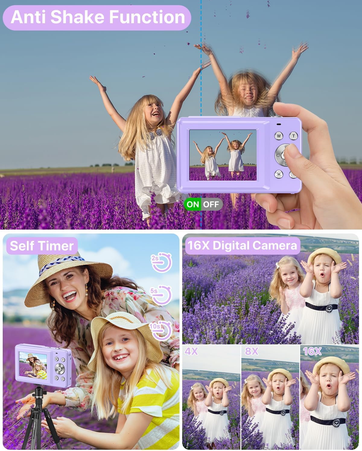 ACTITOP Digital Camera for Kids with 32GB FHD 1080P 16X Digital Zoom Compact Point and Shoot Vlogging Camera for Teens(Purple)