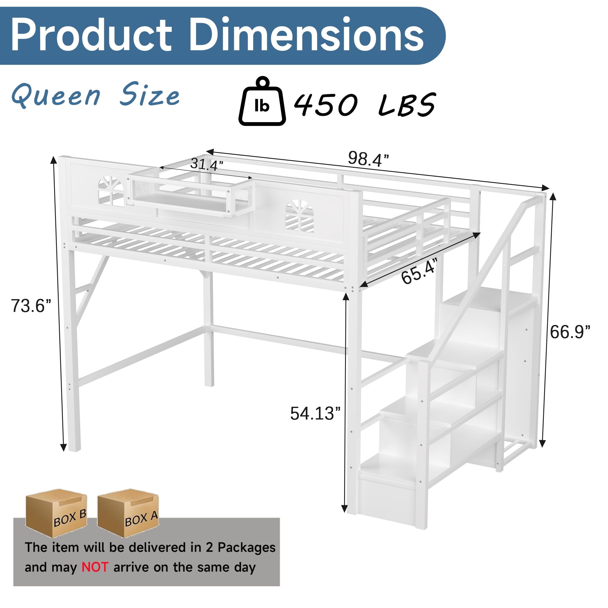 Mirightone Queen Loft Bed with Stairs, Metal Queen Size Loft Bed Frame with Storage Shelf &Tall Guardrails , High Loft Beds with Wardrobe, LED Light & USB for Teens Adults, White