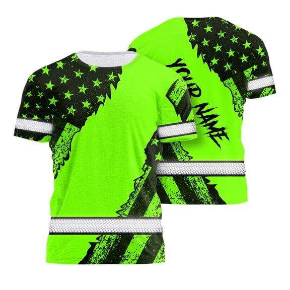 Hi Vis Shirt Reflective Green Neon Water Color American Flag Patriotic Custom Name Safety Workwear for Workers, Runners, Cyclists, Truckers