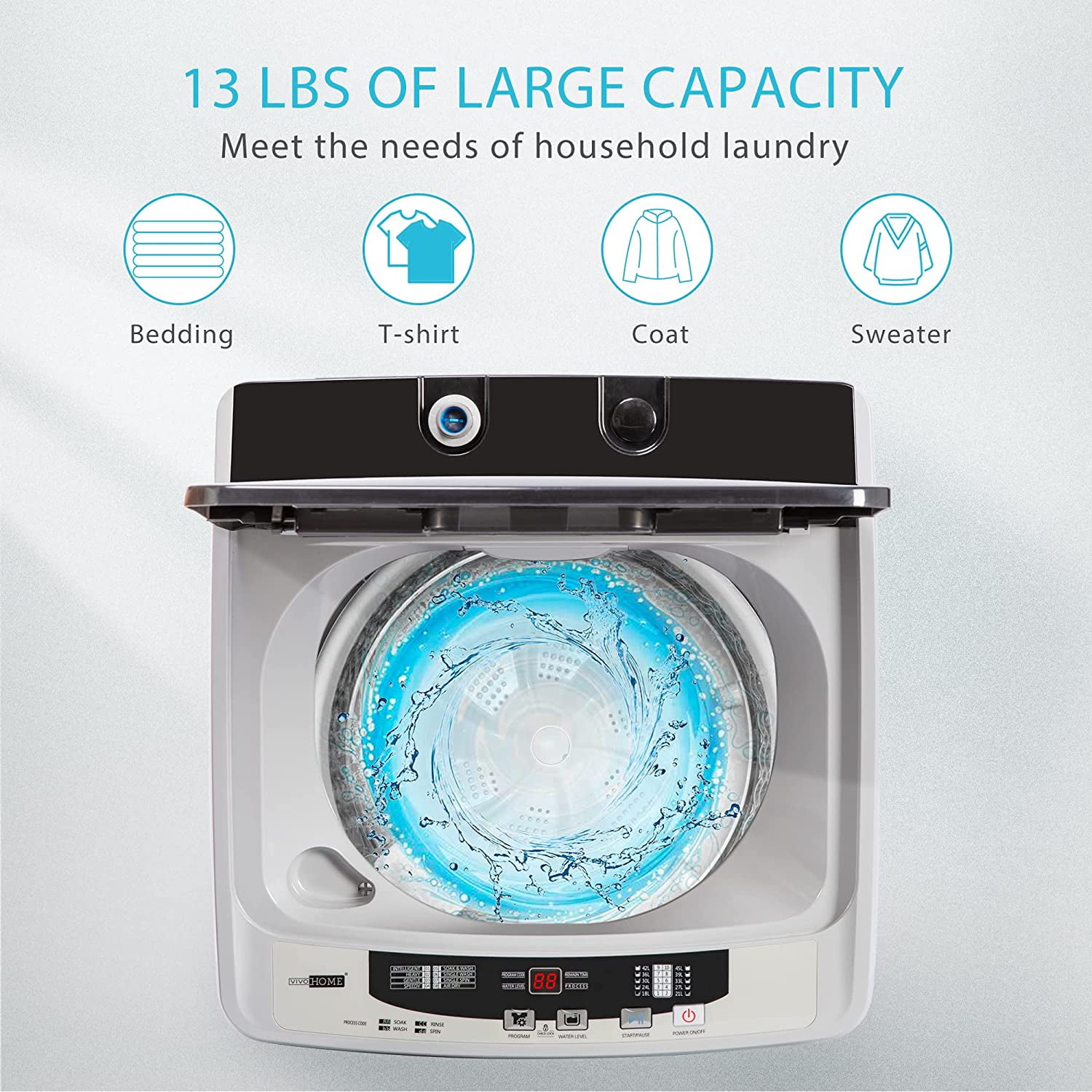 VIVOHOME Full-Automatic Washing Machine with Built in Drain Pump Spin Dryer, 1.32cu.ft 13 lbs Capacity