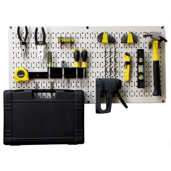 Wall Control Modular Pegboard Tool Organizer System - Wall-Mounted Metal Peg Board Tool Storage Unit for Pegboard Tiling (Beige Pegboard)