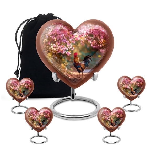 Yatskia Pink Blossoms Rooster Urn for Ashes for Women, Funeral Keepsake Urns for Human Ashes Adult Man, Large Burial Urns for Adult Ash, (Heart 8 Inch and 3 Inch)