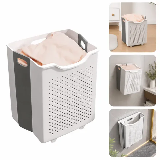 Wall Mounted Collapsible Laundry Hamper, Space Saving Foldable Dirty Clothes Organizer with Carry Handle for Bathroom Apartment Dorm Laundry Room
