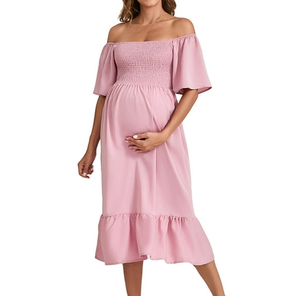 Women's Maternity Dress - Floral Square Neck Midi, A-Line Smocked Pregnancy Dress, Long Flowy Casual Dress for Moms,Size for XXL
