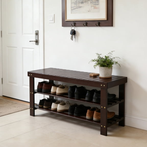 Zimtown 3 Tier Solid Bamboo Shoe Rack Bench, 11.02'' x 35.43'' x 17.72'' Storage Seat Organizer for Entryway Hallway, Coffee