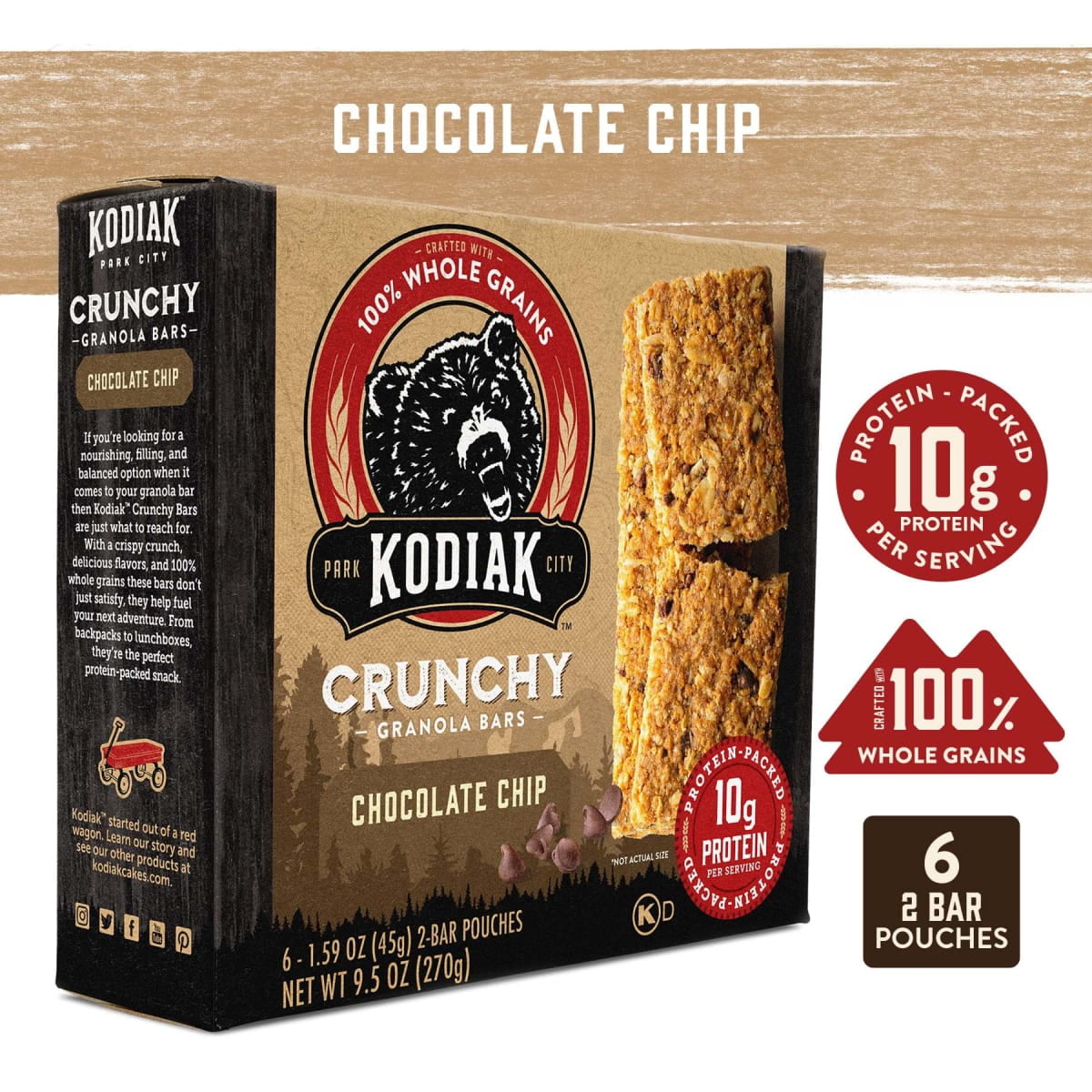 (3 pack) Kodiak Protein-Packed Chocolate Chip Crunchy Granola Bars, 1.59 oz, 6 Count