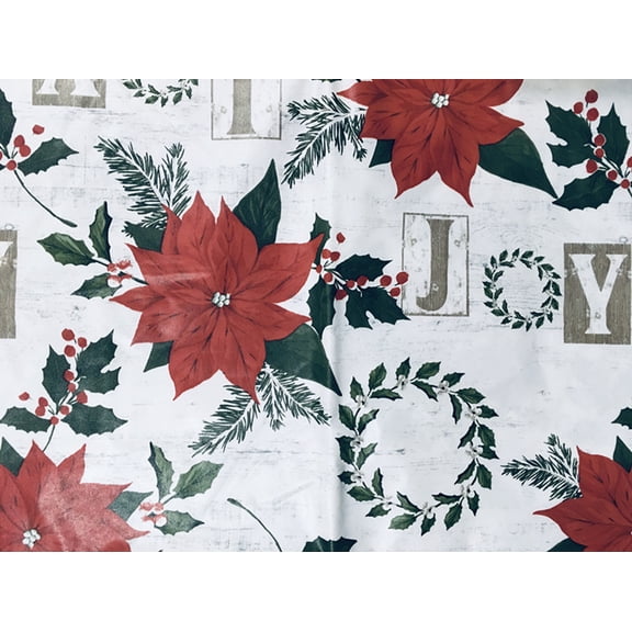 Merry Christmas Poinsettia Holly Joy Vinyl Flannel Back Tablecloth (52" x 70" Oblong)