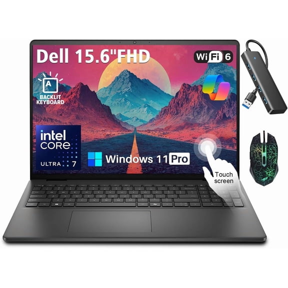 Dell 15.6'' FHD Touchscreen Laptop,Intel Ultra 7 255U,16 GB DDR5 RAM, 1 TB PCle SSD,Intel Graphics, Wi-Fi6, Windows 11 Pro, Backlit KB, AI Copilot Key