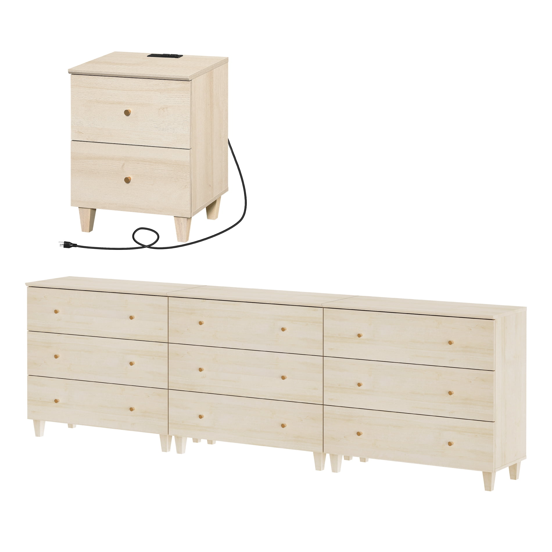 WAMPAT Dresser and Nightstand Set of 4, Wood Dressers with 9 Drawers, Nightstand with Charging Stations for Living Room, Natural Oak