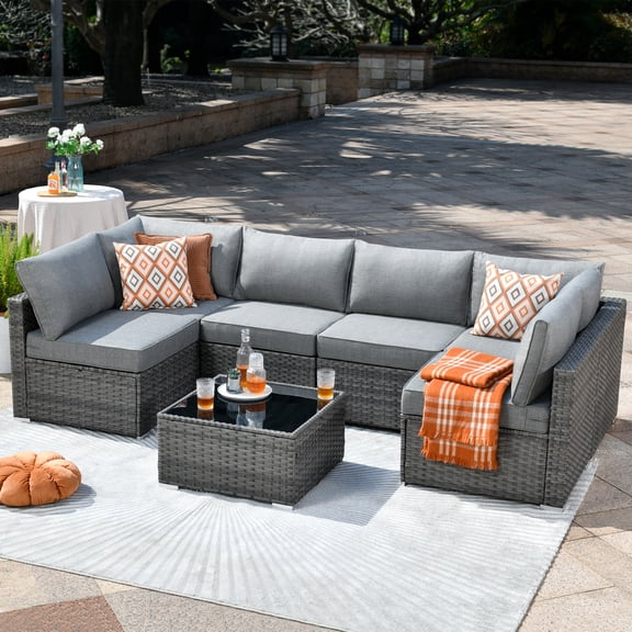 Ovios 7 Pieces Patio Conversation Set All Weather Wicker Sofa with Coffee Table,Dark Gray