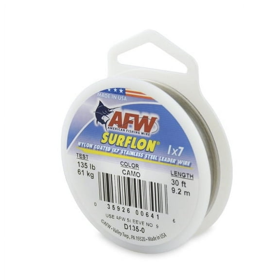 AFW Surflon, Nylon Coated 1x7 Stainless Steel Fishing Leader Wire, 135 lb / 61 kg Test, Camo
