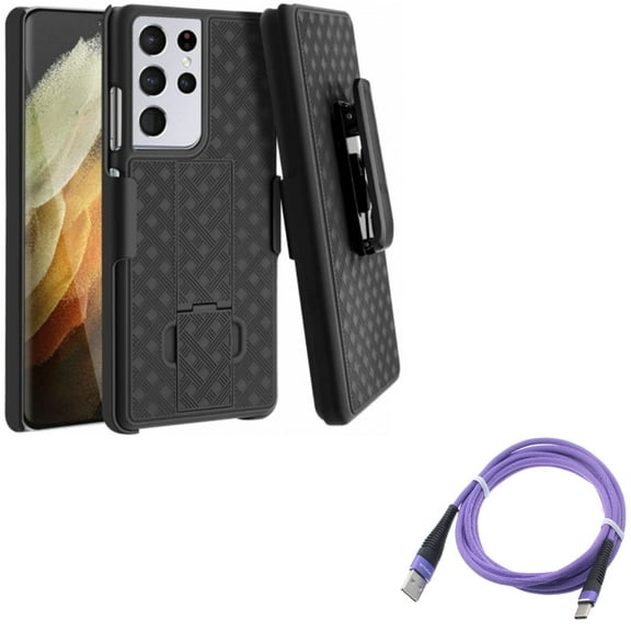 Case Belt Clip w 6ft USB-C Cable for Samsung Galaxy S21 Ultra - Holster Swivel Cover, Purple Type-C Charger Cord