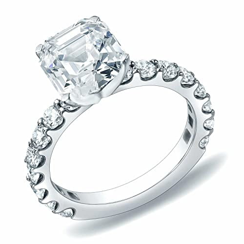 HeartsAndYou 3ct Asscher Cut Moissanite Solitaire Ring 18k White Gold over Silver with Round Accents