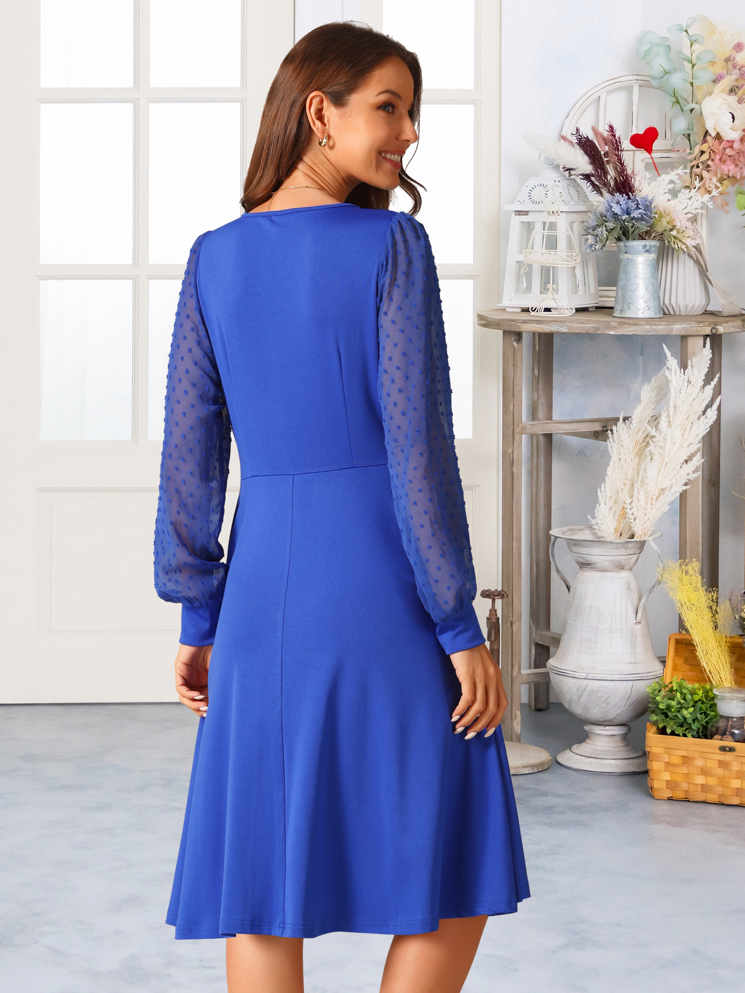 DARING DIVA Long Sleeve Round Neck Cocktail Dress M Royal Blue