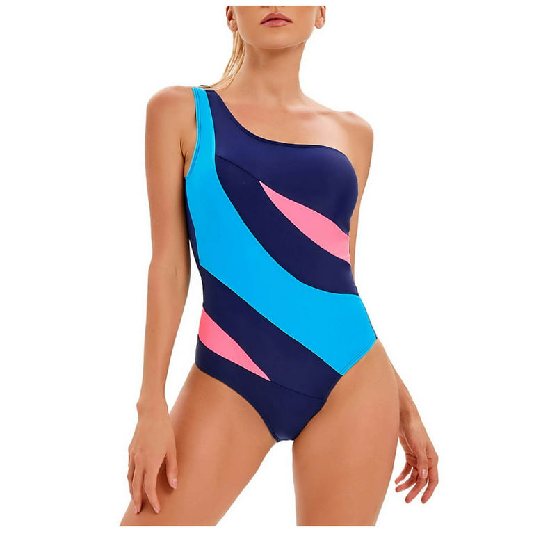 TQWQT Women Color Contrast One Piece Swimsuit One Shoulder Cut Out Back  Tummy Control Bathing Suit