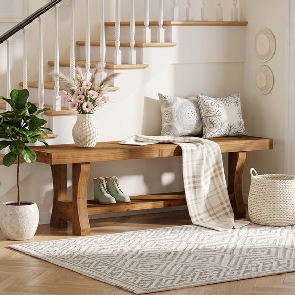 Finmind 55" Solid Wood Entryway Bench, End of Bed Dining Bench for Hallway, Bedroom, Living Room, Brown