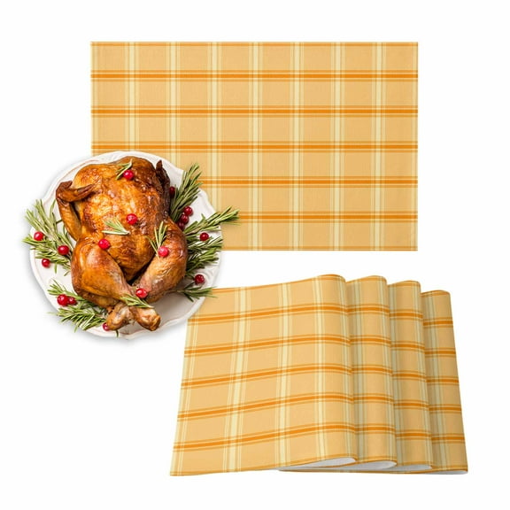 Fall Placemats Set of 4 Orange Yellow Check Plaid Place Mats Thanksgiving Placemat Classic Check Block Table Mats for Dining Kitchen Table Holiday Dinner Party Home Fall Decorations 13x19 Inch