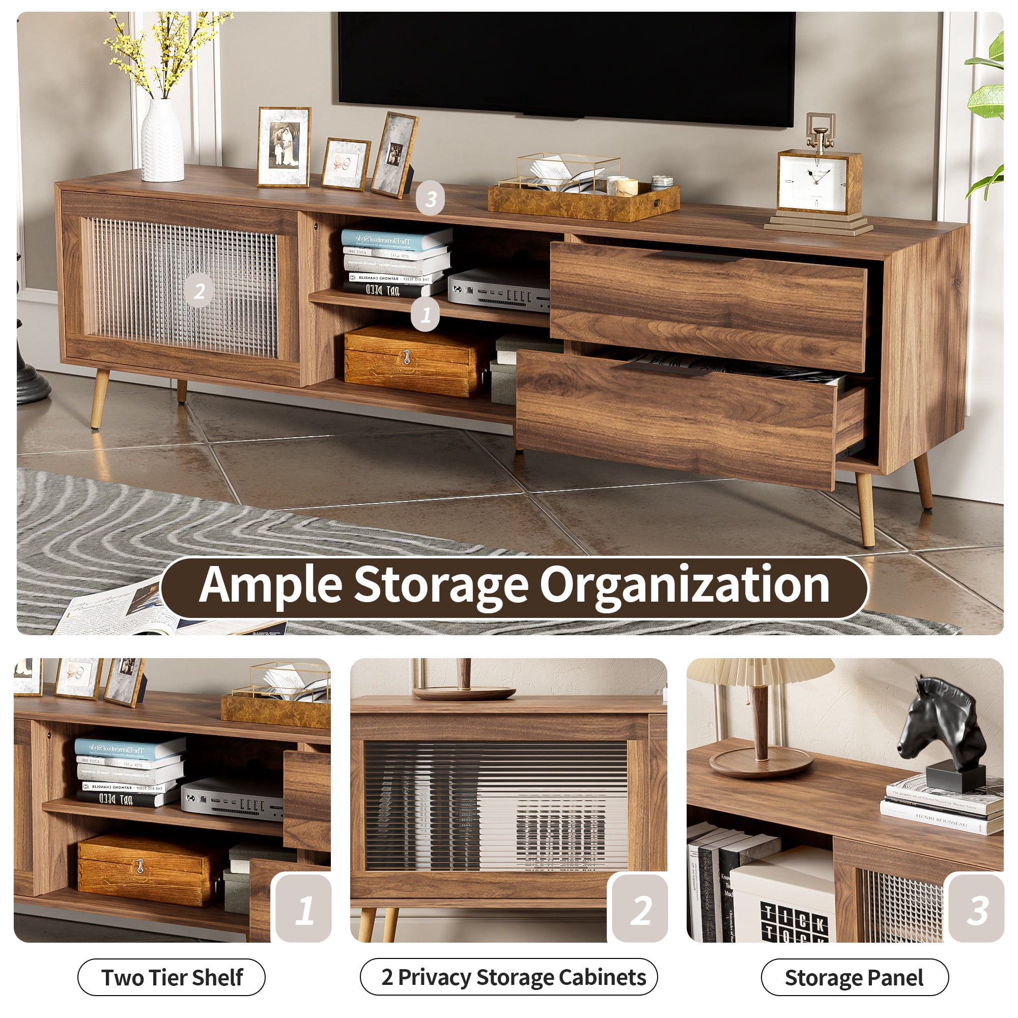 Paproos TV Stand for 75"-80" TV, Modern Entertainment Center with 2 Drawers & Storage Cabinet, 70” Television Stand with 2 Glass Doors, TV Console Table for Living Room, Bedroom, Walnut