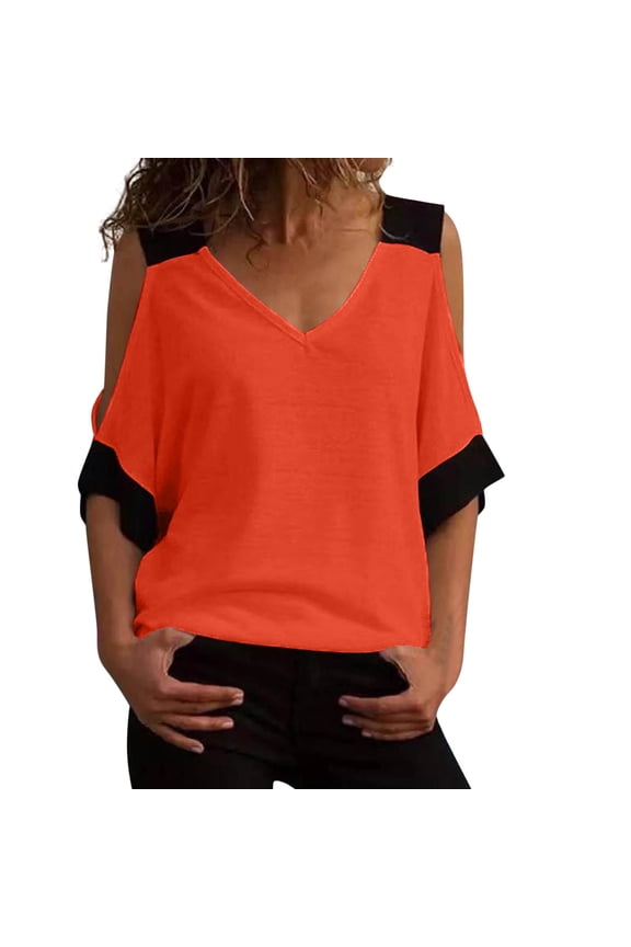 Cold Shoulder Shirts for Plus Size Women V Neck 3/4 Sleeve Loose Tops Basic Summer Tee Blouse