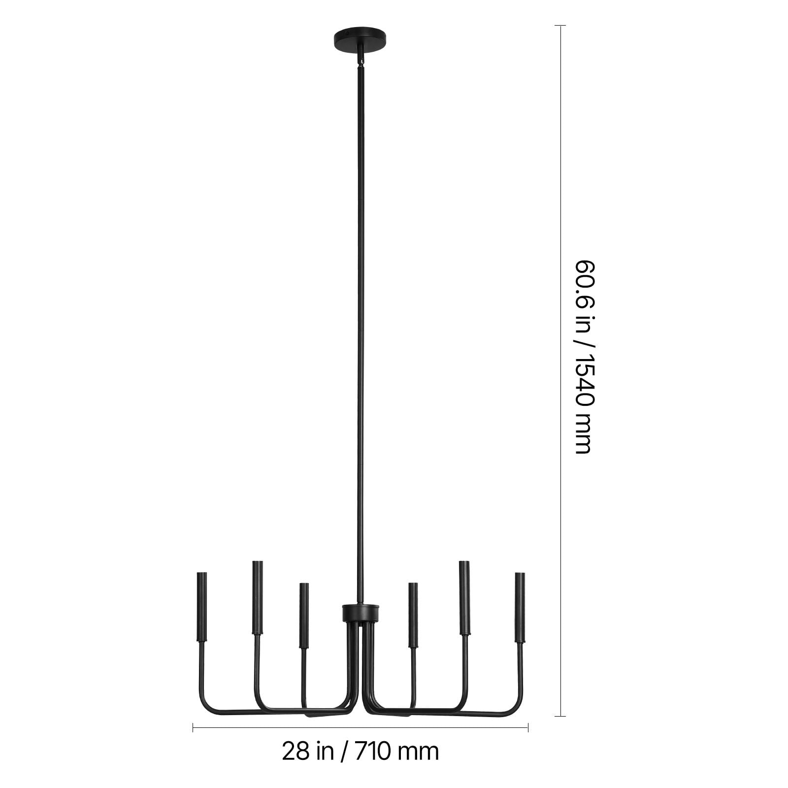 6-Light Farmhouse Chandelier with Adjustable Height, Black Metal Frame, E12 Sockets, for Dining Room Living Room Kitchen