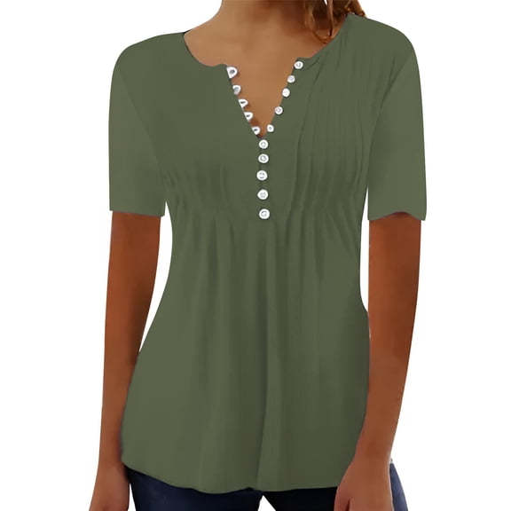 Green Womens Tops Women's Casual Pleated Round Neck Button Open Short Sleeve Loose T Shirt Top Shirts for Women