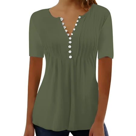 BODOAO Summer Tops for Women 2026 Trendy Solid Color Tunic Shirts Short Sleeve Button V Neck Pleated Front T shirt Dressy Casual Loose Boho Blouse Para Mujer JN L