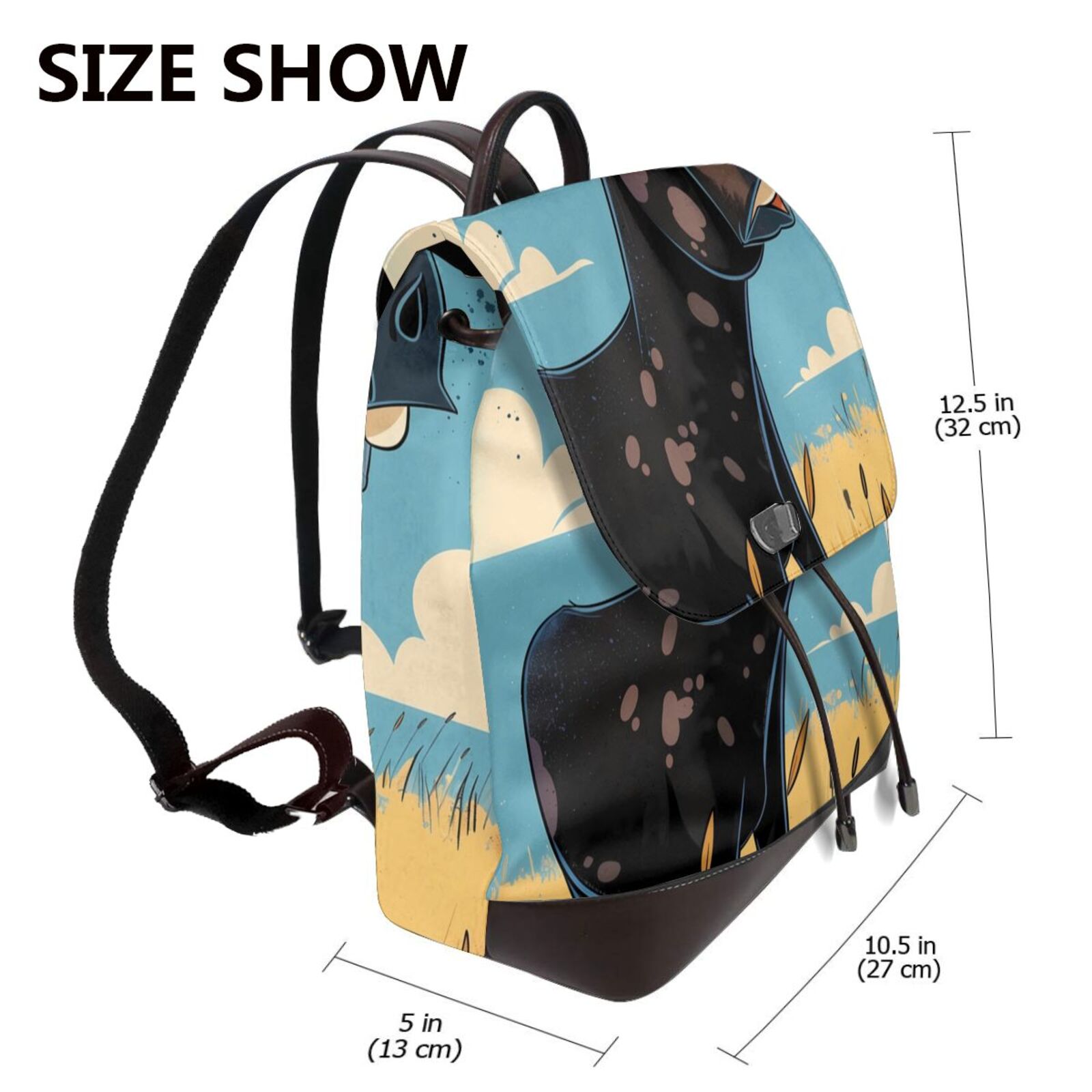Xecao Whimsical Cartoon Cow Print Large Backpack Soft Leather for Women Travel with Compartment, Adjustable Convertible Strap