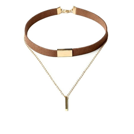 StylesILove Womens Two Layers Metal Chain Velvet Choker Fashion Collar Necklace (Brown and Gold)