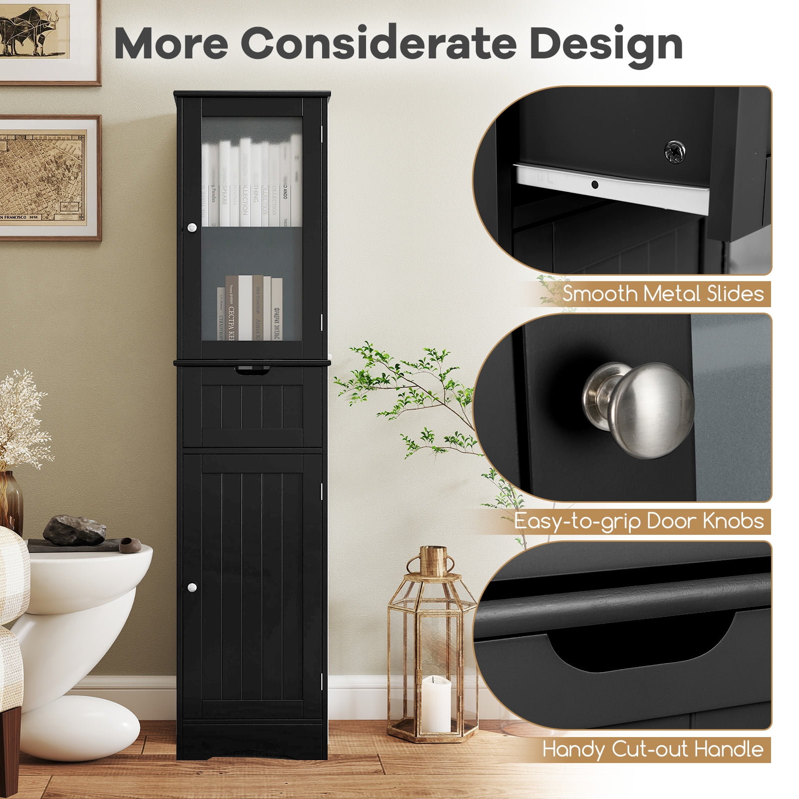 Giantex Tall Bathroom Storage Cabinet, Narrow Slim Linen Tower, Freestanding Floor Cabinet, Black