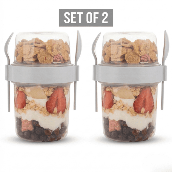 QUASLEQ 2 Pack Reusable Breakfast Cups with Lids and Spoons, White Overnight Oats & Yogurt Containers, BPA-Free Plastic 37 oz