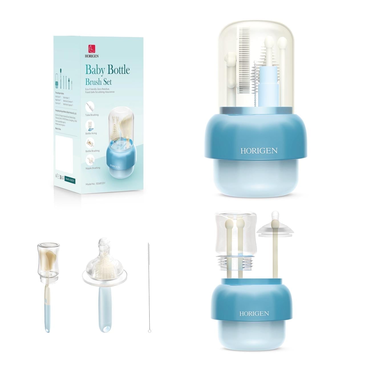Horigen Silicone Baby Bottle & Nipple Brush Set with Stand, Portable Cleaning Accessories