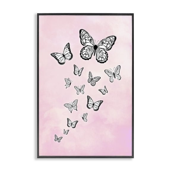 Stupell Industries Pink Fluttering Butterflies Animals Painting Black Framed Art Print Wall Art, 12 x 18