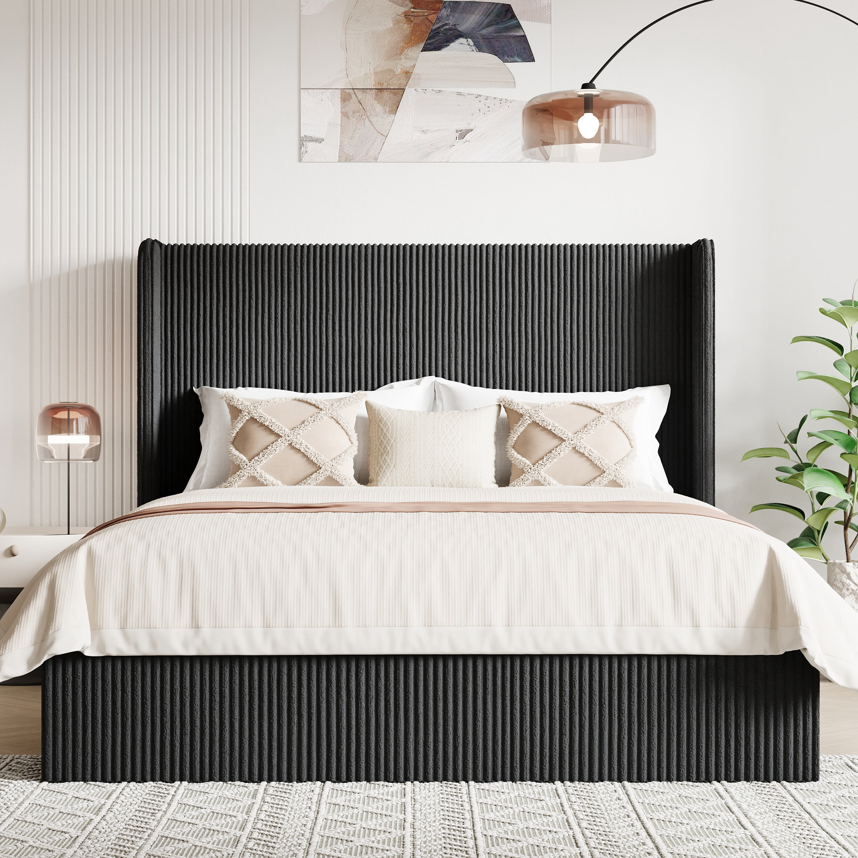 Allewie Queen Size Lift-Up Storage Bed Frame with Modern Wingback Headboard, Corduroy Upholstered Platform Bed, Hydraulic Gas Lift Support, Underbed Storage, Wooden Slats, No Box Spring Needed, Black