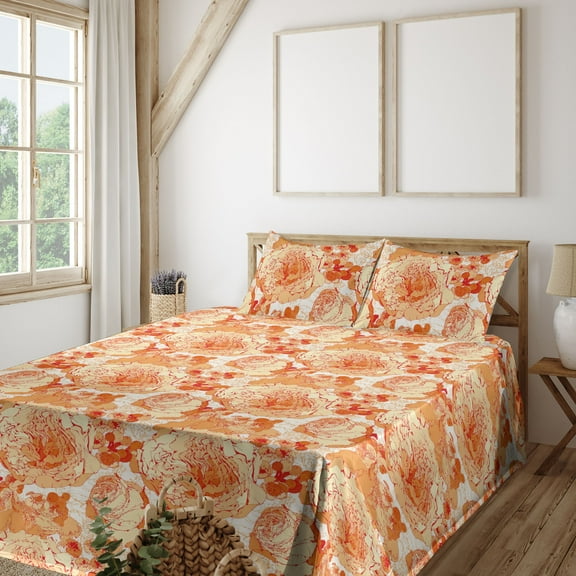 Ambesonne Orange Floral Fitted & Flat Sheet with Shams 4 Pcs Set, Peony Summer Garden, King, Cream Apricot White