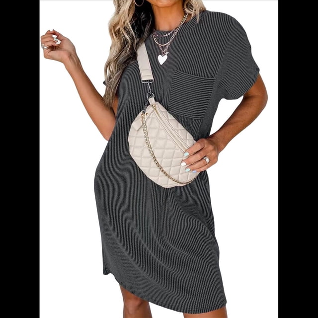 Vestido Mini Informal de Verano para Mujer, con Cuello Redondo, Corta y Canalé Gris Oscuro XXL