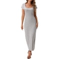 thumbnail image 1 of Vestido maxi de punto acanalado con cuello en U y mangas cortas a rayas para mujer Inspire Chic XL gris, 1 of 6