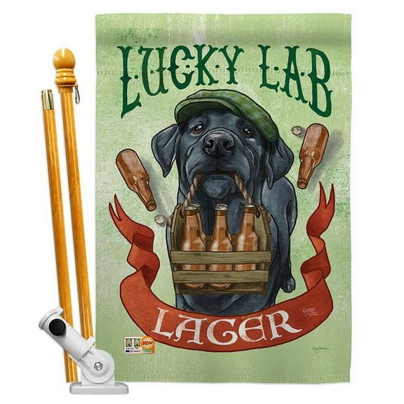 Breeze Decor BD-PT-HS-110102-IP-BO-D-US18-WA 28 x 40 in. Lucky Lab Lager Nature Pets Impressions Decorative Vertical Double Sided House Flag Set & Pole Bracket Hardware